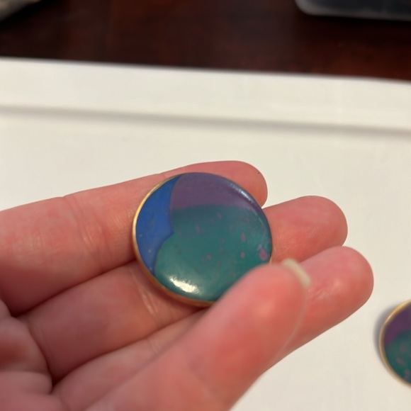 Vintage Earrings green purple blue gold trim - Picture 3 of 6